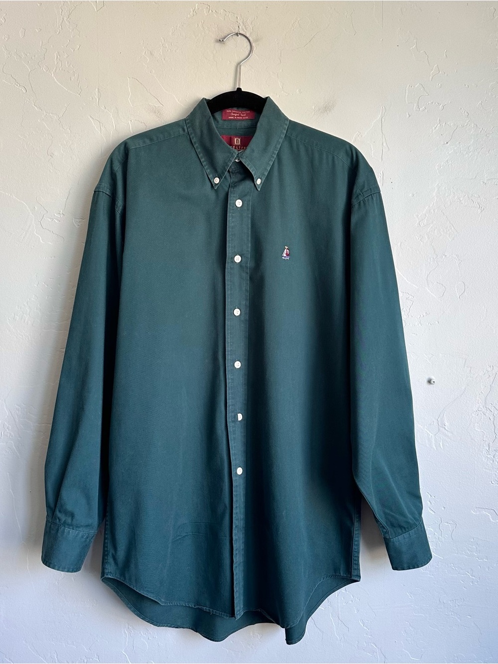 90’s Vintage Nordstrom Men's Green Button-Down Shirt Embroidered Sail Boat Logo